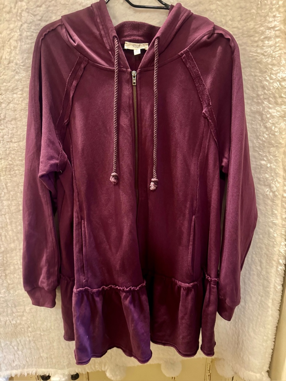 easel Plum Hooded Zip-Up Jacket with Ruffle Hem